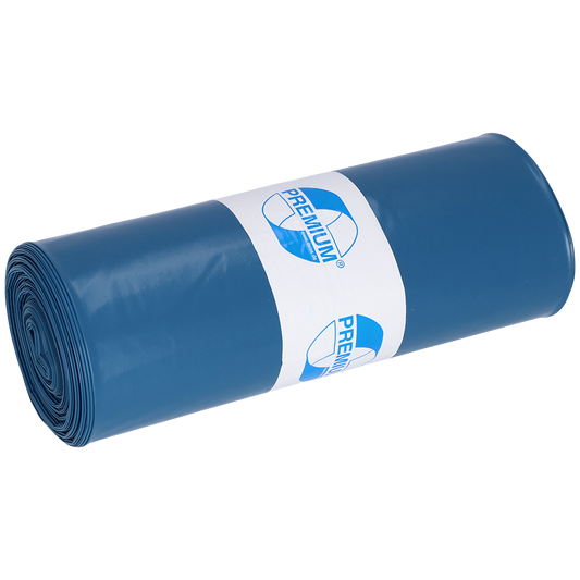 Ein dicht gerollter blauer Kunststoffsack der EMIL DEISS KG (GmbH + Co.) mit der Aufschrift "PREMIUM" und einem Recycling-Symbol. Die DEISS Müllsäcke 575x1000x0,01 mm aus LDPE 70 l eignen sich hervorragend für eine effiziente und umweltfreundliche Abfallentsorgung. Einfarbig weißer Hintergrund.