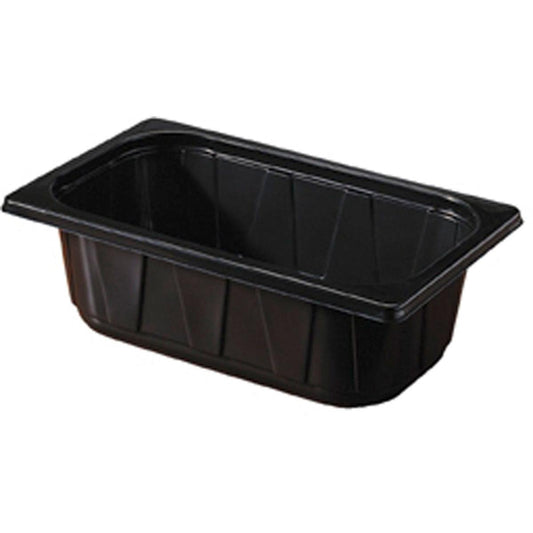 Die Duni GmbH PP Schale 1/4 GN Schwarz ist ein rechteckiges, schwarzes Tablett mit geraden Seiten und einem breiten Rand - perfekt für Buffetpräsentationen oder die Aufbewahrung von Lebensmitteln in der Profiküche.