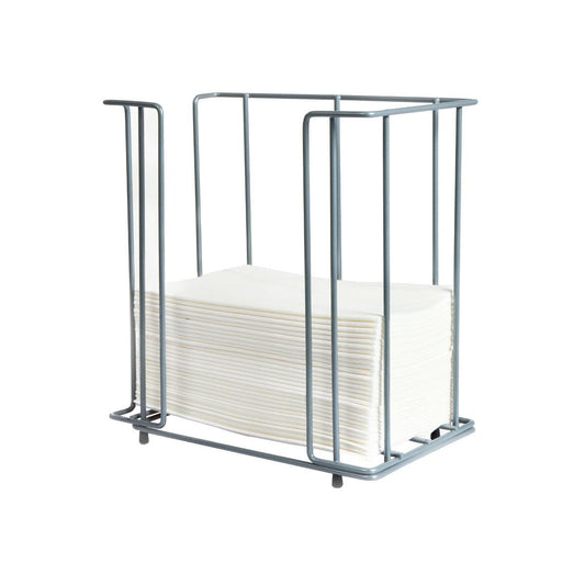 Der Duni GmbH Metall Servietten-Dispenser 40 cm 1/8F, praktisch und elegant, fasst einen Stapel weißer, rechteckiger Servietten und ist mit einem offenen Rahmen versehen, der auf weißem Hintergrund abgebildet ist.