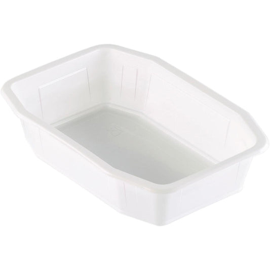 Die PP-Schale HMR Weiß PP 215x148 der Duni GmbH ist ein weißer, rechteckiger Behälter mit leicht abgeschrägten Seiten und einem flachen Boden. Auf dem Foto erscheint er leer vor einem weißen Hintergrund.