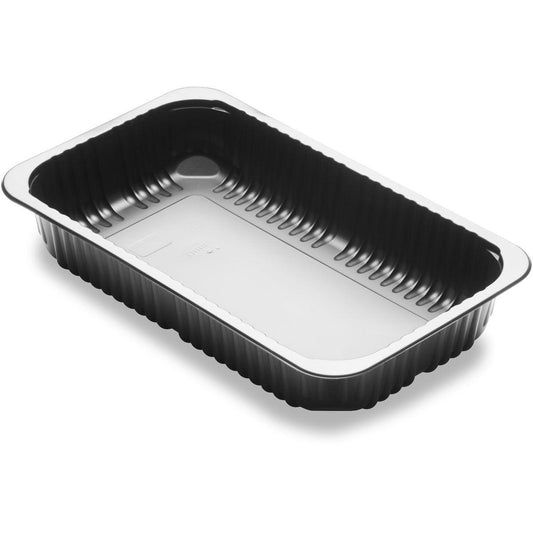 Eine schwarze, rechteckige Menüschale 1-comp 1 Schwarz PP/MIN 260x158x43,7 von Duni GmbH ist leer mit gerippten Seiten und glattem Boden auf weißem Hintergrund abgebildet, betrachtet aus einem leicht erhöhten Winkel. Packung (384 Stück).