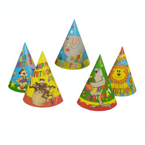 Das PAPSTAR 5 Hütchen der PAPSTAR GmbH besteht aus fünf bunten, kegelförmigen Geburtstagshüten mit dem Schriftzug „Happy Birthday“ und Comic-Tieren wie Affe, Elefant und Löwe in bunten Designs, angeordnet auf weißem Hintergrund.