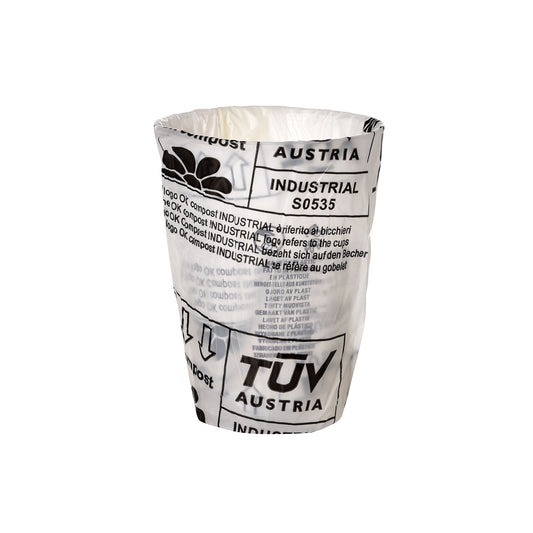 Ein transparenter PLA-Becher (250 ml) der Duni GmbH, einzeln verpackt, sitzt auf einem unifarbenen Untergrund - ideal für nachhaltige Verpackungen und neben Optionen wie der Glasflasche 250 ml auch in einer 500-Stück-Packung erhältlich.