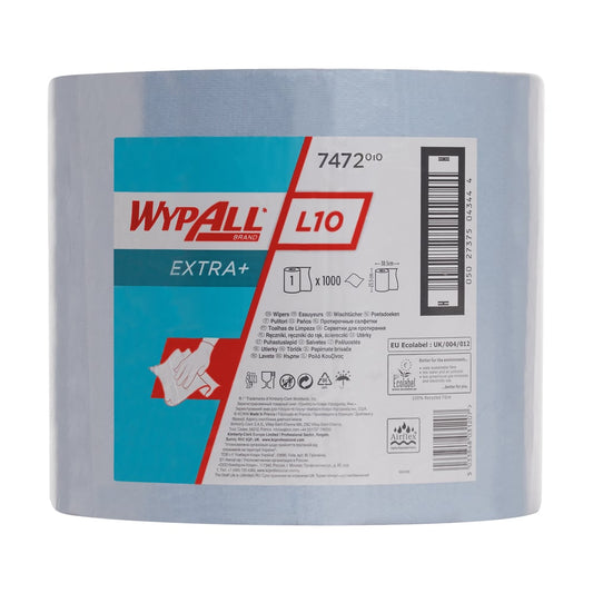 Eine Großrolle WypAll® L10 EXTRA+ Wischtücher (38,00 cm x 23,50 cm) von Kimberly-Clark GmbH, mit einem mehrsprachigen Etikett mit Produktinformationen, Marke und Abbildungen zur Oberflächenreinigung.