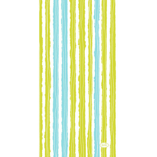 Die Dunisoft Servietten Elise Stripes 20x40 cm von Duni GmbH zeigen ungleichmäßige blaue und grüne Längsstreifen unterschiedlicher Dicke auf Weiß sowie ein kleines gelbes "DUNI"-Oval unten rechts. Die Packung enthält 120 Servietten.