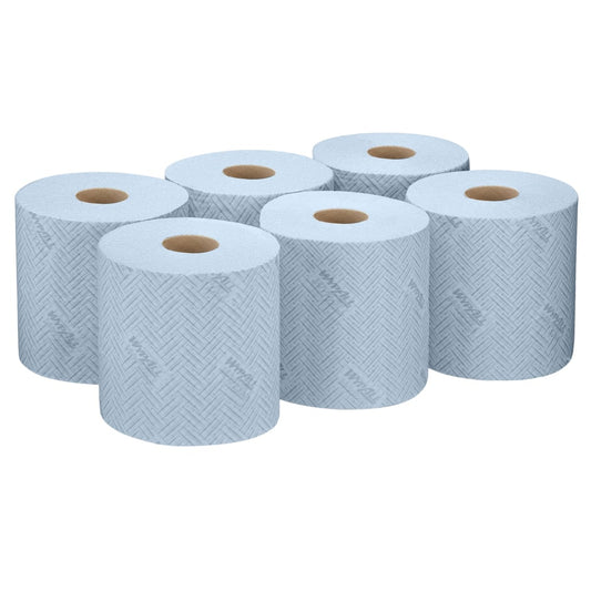 Sechs blaue WypAll® L20 General Clean Centrefeed-Rollen (2-lagig, je 550 Blatt) von Kimberly-Clark GmbH - 6 Rollen pro Karton - bieten eine effiziente Reinigung für jeden Arbeitsbereich.