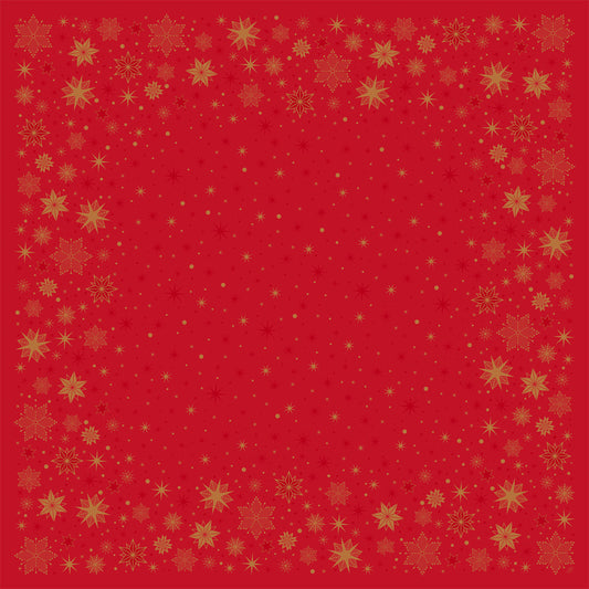 Roter Hintergrund mit goldener Schneeflocken- und Sternenbordüre, die die Mitte offen lässt - ideal für die Präsentation der Bio-Dunicel Mitteldecke 84x84 cm in rot von Duni GmbH bei Stargazing Events oder als nachhaltige Festtagsdekoration.