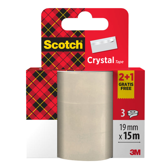 Scotch® Crystal Klebeband Aktionspackung von 3M: Drei Rollen (19 mm x 15 m), davon eine gratis. Transparentes Klebeband für den täglichen Gebrauch. Verpackung mit rotem Karomuster und gelbem "2+1 GRATIS"-Etikett.