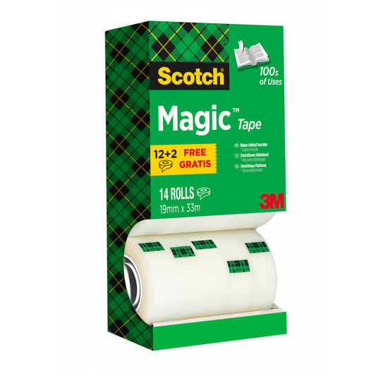 Das Scotch® Magic™ Unsichtbares Klebeband Vorteilspack von 3M Deutschland enthält 14 Rollen (19 mm x 33 m) in einer grünen Box mit "12+2 Free" Hinweis und Sichtfenster auf das unsichtbare Klebeband.