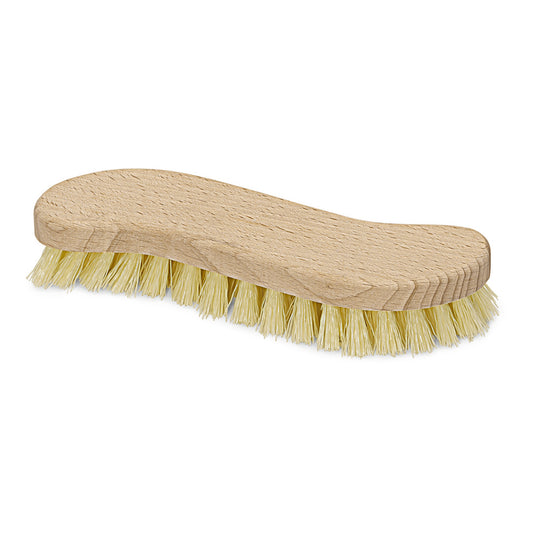 Die Nölle Profi Brush Scheuerbürste S-Form (20 cm) von Nölle Profi Brush Bürsten- & Pinseltechnik e.K. zeichnet sich durch einen geschwungenen, ergonomischen Holzstiel und steife, helle, in Reihen angeordnete Fibre-Borsten aus.