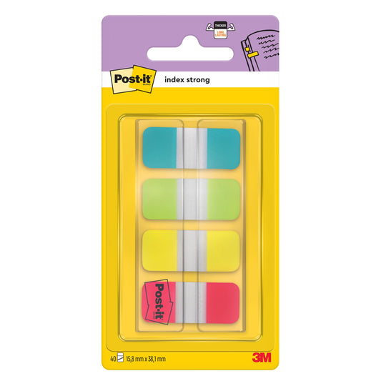 Die Post-it® Index Strong Ablagetabs, Mini (15,8 mm x 38,1 mm) in Gelb, Rot, Blau und Grün von 3M Deutschland GmbH kommen als 40 Haftstreifen/Spender (1 Stück), ideal zum Ordnen von Dokumenten - eine Packung mit Kunststoffspender.