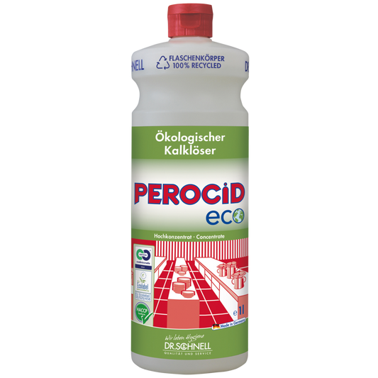 Eine Flasche Dr. Schnell PEROCID ECO Kalklöser für Oberflächen der DR.SCHNELL GmbH & Co. KGaA, mit grün-weißem Etikett mit Zertifizierungen, rotem Küchenmotiv, rotem Verschluss und blauer "100% recycled"-Marke oben.