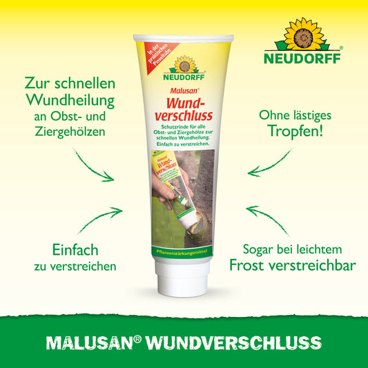 Eine Tube Malusan Wundverschluss von Neudorff Shop steht aufrecht auf einer weißen Fläche und ist mit grünen und gelben Grafiken versehen. Der deutsche Text hebt die schnelle Heilung von Schnittwunden Gehölze nach Rückschnitt und die einfache Anwendung hervor.