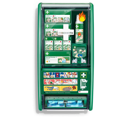 Die Cederroth erste hilfe & verbrennungsstation von Orkla Wound Care AB (1 Packung) bietet organisierte Erste-Hilfe-Materialien einschließlich Verbrennungsgel, Verbandsmaterial und bebilderte Anleitungen in einer grünen Station.