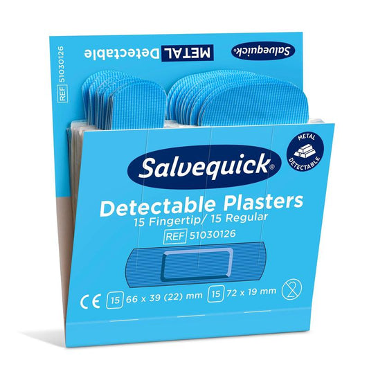 Abgebildet ist eine blaue Schachtel Orkla Wound Care AB Fingerspitze/normal blau erkennbar, 30 Stück/Minenpflaster (6er-Packung) mit 15 Fingerspitzen- und 15 normalen metalldetektierbaren Pflastern; auf der Verpackung sind Details und Maße angegeben.