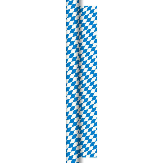 Eine Papier Tischdekorationsrolle 50x1,0m Bay. Raute der Duni GmbH mit klassisch bayerisch blau-weißem Rautenmuster auf weißem Hintergrund - ideal für kreative Projekte und Dekorationen zum Thema Oktoberfest.