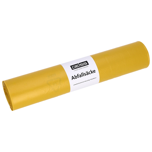 Eine gelbe Rolle EMIL DEISS KG (GmbH + Co.) Abfallsäcke, DEISS 53001, 700x1100 mm Typ 20, enthält 50 Stück und ist mit einem weißen Etikett mit der Aufschrift "Abfallsäcke" versehen.