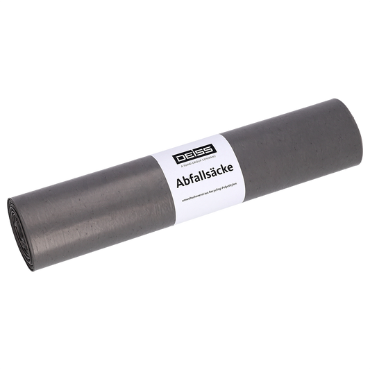 Eine aufgerollte Packung EMIL DEISS KG (GmbH + Co.) Müllbeutel, beschriftet mit "DEISS 54919 - 500x600x0,01 mm grau | Rolle (50 Stück)" auf einfarbig weißem Hintergrund.