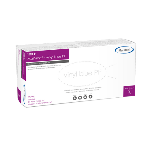 MaiMed-vinylblå PF, ikke-sterile, pudderfri vinylundersøgelseshandsker 100 stk./æske