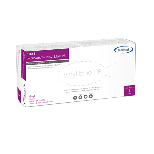 MaiMed-vinylblå PF, ikke-sterile, pudderfri vinylundersøgelseshandsker 100 stk./æske