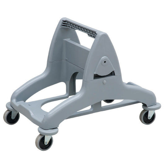 Der TASKI DuoMop Zweieimer System Fahrgestell von Diversey Deutschland GmbH & Co. OHG ist ein graues Kunststoff-Fahrgestell mit vier Lenkrollen und einem hohen zentralen Griff, ideal für den manuellen Einsatz mit großen Behältern oder bei Bodenreinigungsaufgaben.