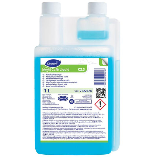 Diversey Suma Café Liquid C2.3, Kaffeemaschinenreiniger | Flasche (1 l), reinigt Kaffeefett effektiv in Kaffeemaschinen. Mit Dosierkappe, Warnhinweisen und Barcode auf dem Etikett. Von Diversey Deutschland GmbH & Co. OHG.