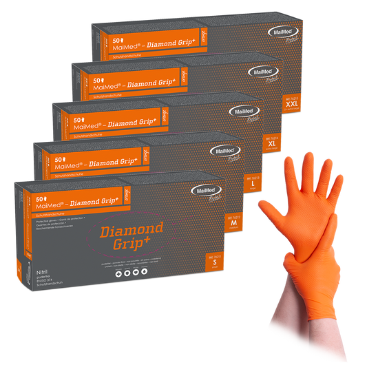 MaiMed-Diamond Grip+ orange, ikke-steril, pf latexfri nitrilhandske