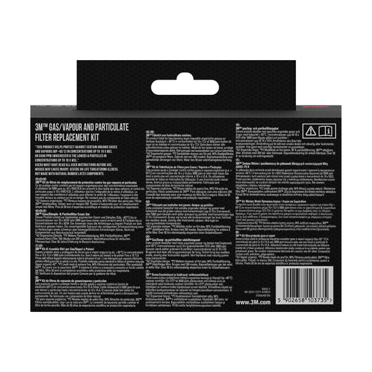 Rückansicht einer 3M Deutschland GmbH 3M™ Partikelfilter 5935, P3 Kit-Verpackung mit Produktinformation, Anleitung und Barcode in mehreren Sprachen auf schwarzem Hintergrund. Enthält 2 Filterpaare und 1 Halterpaar pro Packung.