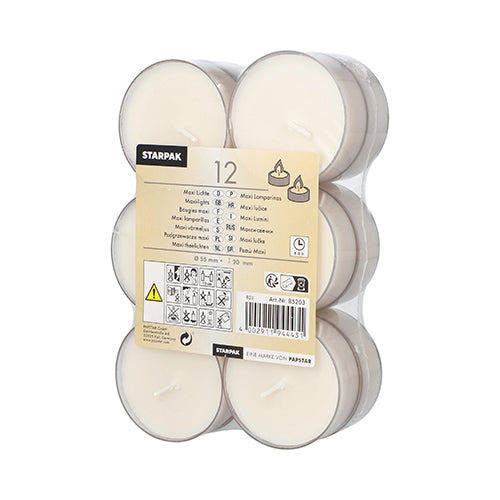 Eine transparente Kunststoffpackung mit 12 Starpak Maxi Teelichtern (Ø 55 mm, 20 mm, weiß) mit ca. 8 Stunden Brenndauer, jeweils in einem Polycarbonat-Halter. Das Etikett zeigt Marke, Produktdetails, Anwendungssymbole, Sicherheitshinweise und einen Barcode.