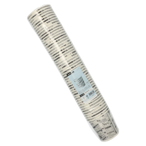Starpak 50 Snackbecher „To Go“ aus stabiler Pappe im Zeitungspapier-Design (470 ml, ø 9,9 cm) im klaren Folienschlauch mit blauem Label auf der Vorderseite.