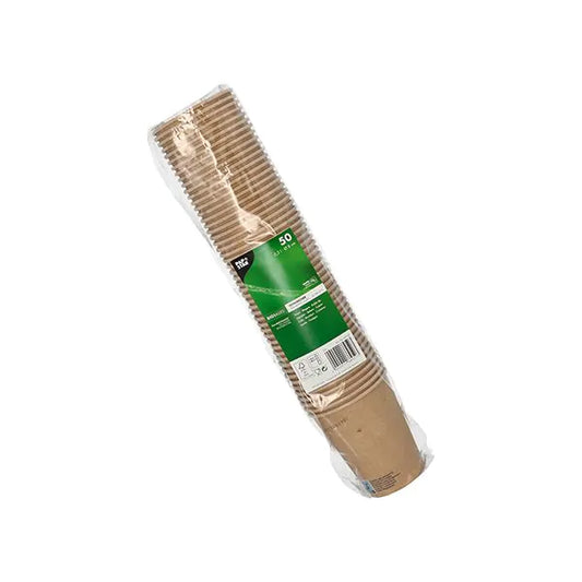 Eine durchsichtige Kunststoffverpackung mit 50 Trinkbechern der PAPSTAR GmbH, Pappe 0,2 l, mit einem grünen Etikett mit Produktangaben, steht auf einem schlichten weißen Hintergrund.