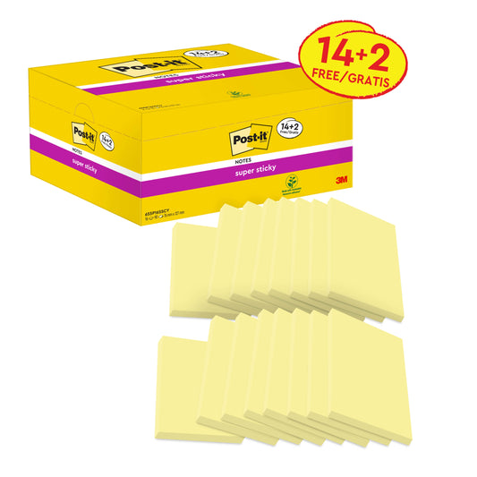 Die gelbe Post-it® Super Sticky Notes Box der 3M Deutschland GmbH ist mit "14 Blöcke + 2 Gratis" beschriftet und enthält 16 gelbe Haftnotizen (76x127mm, 90 Blatt/Block), die mit "super sticky" Zetteln versehen und PEFC zertifiziert sind.