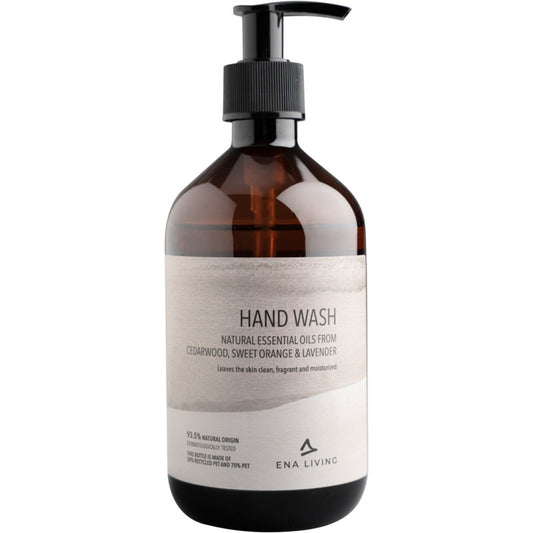 ENA Living Handseife, 500 ml von Abena Re-Seller GmbH, kommt in einer Packung mit 8 Stück und enthält natürliche ätherische Öle aus Zedernholz, Süßorange und Lavendel für saubere, feuchtigkeitsspendende und duftende Haut.