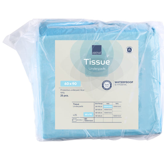 Eine Packung Abena Re-Seller GmbH Einweg-Unterlage Tissue, 6-lagig, 60x90 cm, Blau-25 Stück pro Packung. Die blaue Verpackung mit klarer Umhüllung zeigt Produktdetails und hebt den wasserdichten, hygienischen Schutz hervor.