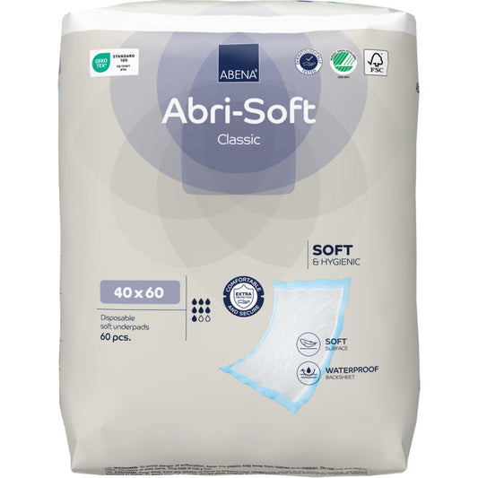 Eine Packung mit 60 Stück Abena Re-Seller GmbH Einweg-Unterlage Abri-Soft Classic Unterlage, 40x60 cm, blau. Eigenschaften sind Weichheit, wasserdichte Rückseite und hohe Hygiene.
