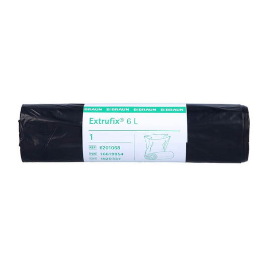 Ein aufgerollter schwarzer Beutel mit der Aufschrift „B. Braun Extrufix® Müllbeutel aus LDPE, 6 Liter“ und Produktdetails wie Referenznummern und Mengen, ideal für die Verwendung als LDPE-Müllbeutel.