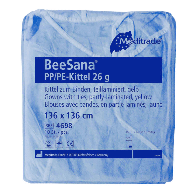 En Meditrade BeeSana® PP/PE-kittel i blå emballage, 26 g, pakke med 10 stk., mærket med tekst, der angiver produktoplysninger såsom materiale, farve, størrelse og antal i pakken. Denne kittel er designet som beskyttelsesbeklædning.