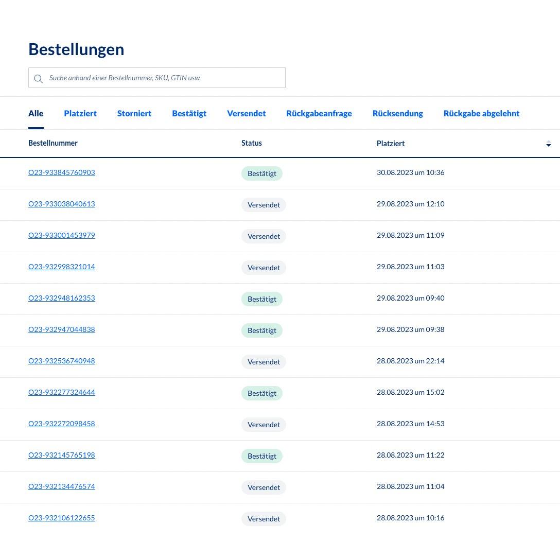 Et screenshot af backend-ordrestyringssystemet Altruan MetroSync: Metro Market til Weclapp ordrebehandling, der viser en tabel med ordrenumre og statusopdateringer. Hver række indeholder ordrenummer, status, SKU, oprettelsesdato og -tidspunkt. De fleste statusser viser