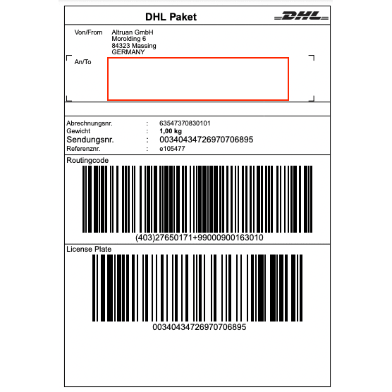 En DHL-label fra Altruan GmbH (Morolding 6, 84323 Massing, Tyskland) indeholder stregkoder og en vægt på 1,00 kg med sporingsnummeret 00340434276970706895. Modtageradressen er tom for opdateringer via PackMaster-appen: Weclapp Logistik Packing App til forbedring af effektiviteten af forsendelsesetiketter.