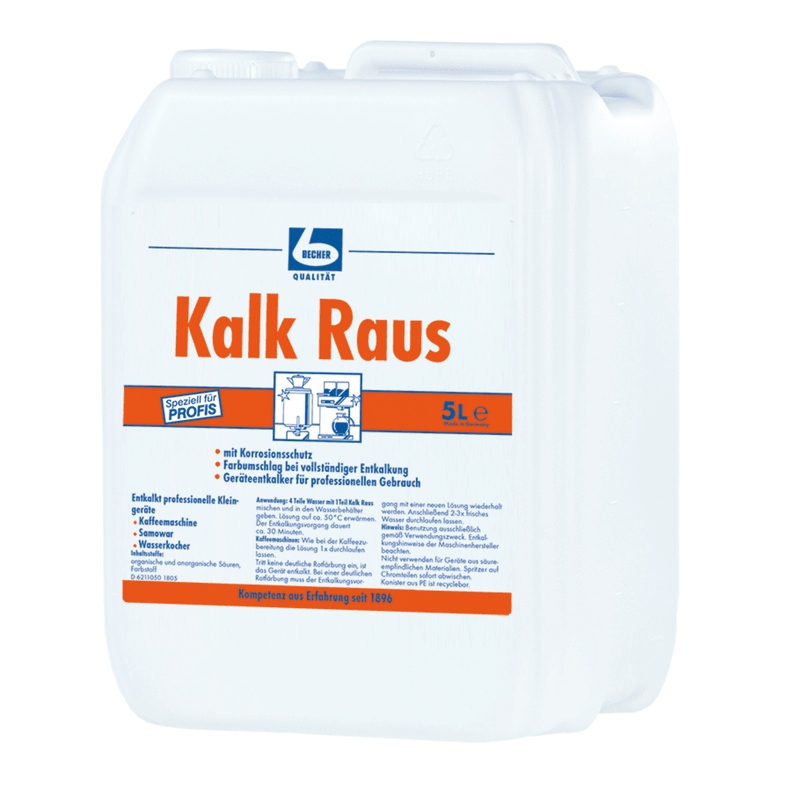 En hvid plastkande med påskriften »Dr. Becher »Kalk Raus – afkalkningsmiddel til køkkenapparater« indeholder 5 liter professionelt afkalkningsmiddel med blå og orange mærkning samt illustrationer med brugsanvisninger.