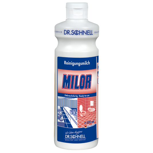 500 ml weiße Kunststoffflasche Dr. Schnell Milor Reinigungsmilch (säurefrei) der DR.SCHNELL GmbH & Co. KGaA, mit einem blau/roten deutschen Etikett, auf dem Fliesen und ein Waschbecken abgebildet sind; ideal zur Entfernung von Kalkablagerungen auf wasserfesten Oberflächen.
