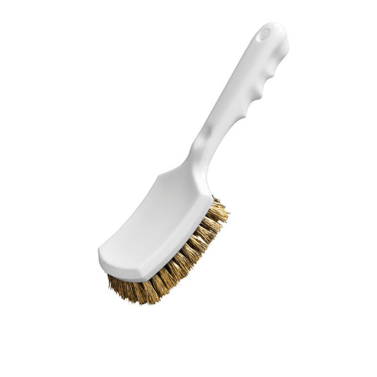 Die Haug Bürsten KG STIELBÜRSTE, MESSINGDRAHT, ø 0,25MM HART (260x72x20mm) hat einen weißen Kunststoffgriff mit Rillen und einem Aufhängeloch. Die dichten Messingborsten sind leicht angewinkelt und ermöglichen eine effektive Rostentfernung auf verschiedenen Oberflächen.