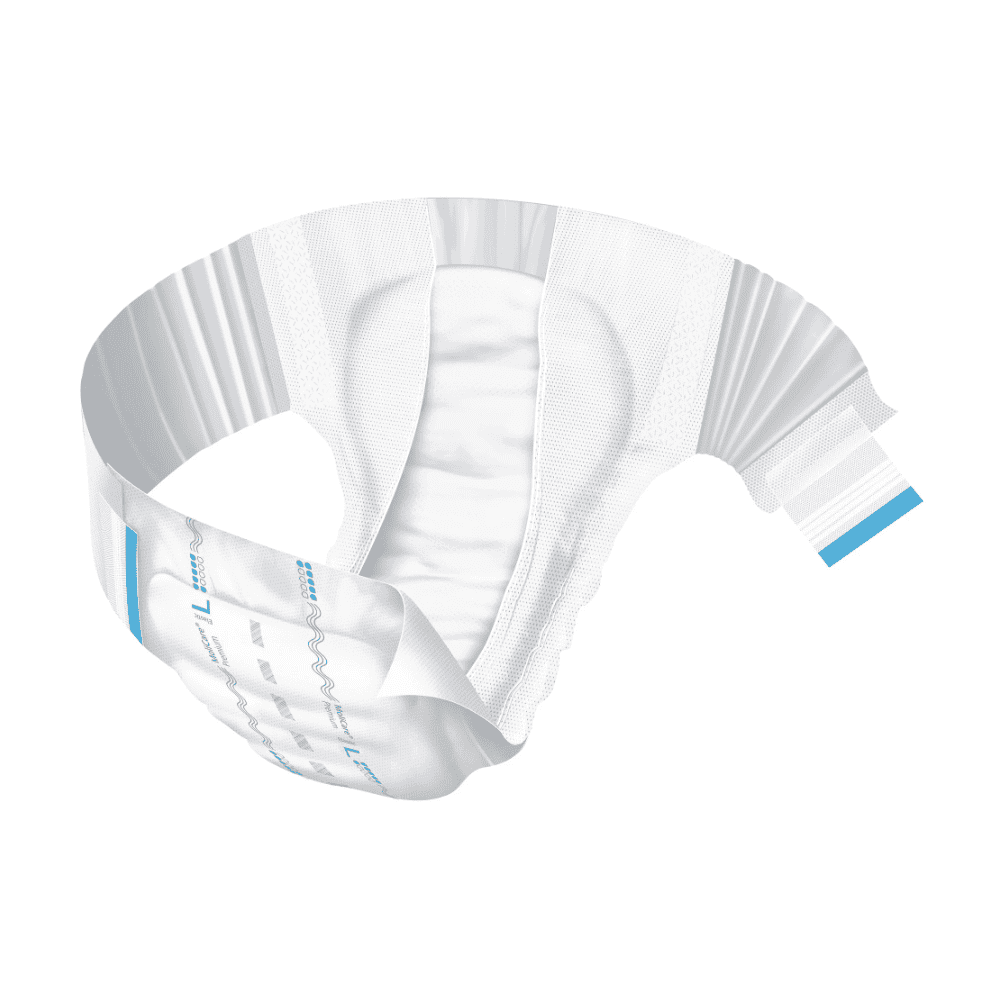 En voksenble fra Hartmann MoliCare® Premium Elastic-serien fra Paul Hartmann AG med hvidt og blåt design er afbildet i et buet mønster på hvid baggrund, hvilket fremhæver dens absorberende og fleksible egenskaber.