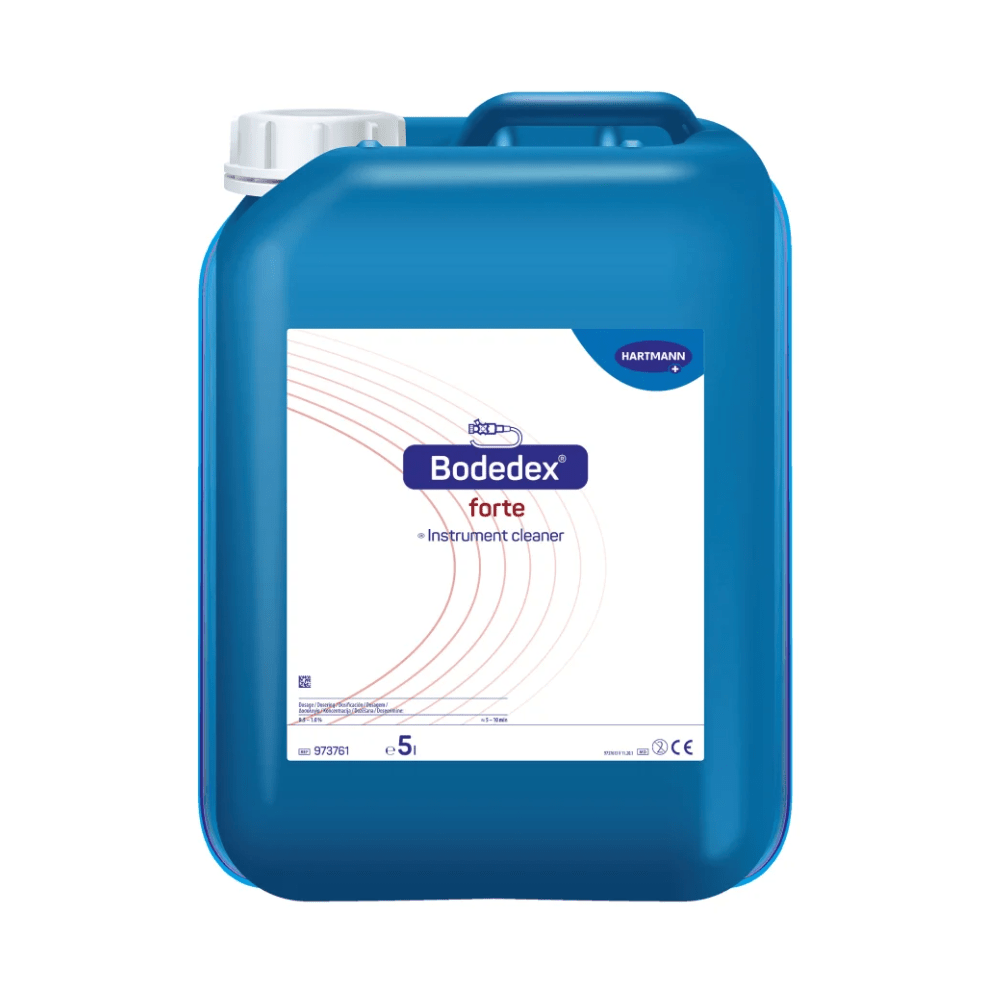 En blå plastdunk med påskriften »Hartmann Bodedex® forte Instrumenten-Reiniger« fra Paul Hartmann AG, med fyldningsmarkering og produktbeskrivelser på flere sprog.