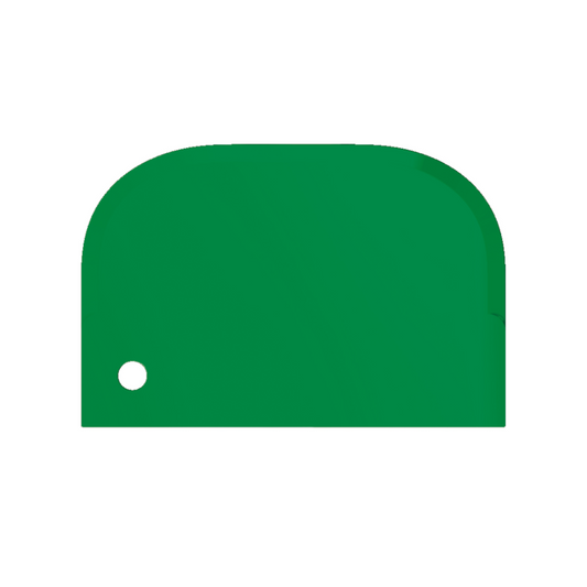 Ein einfacher grüner Umriss einer Krone mit abgerundeter Oberseite und einem kleinen kreisförmigen Ausschnitt auf der linken Seite, der den Geist des lebensmittelkonformen Designs einfängt, ähnlich dem Haug Schaber klein 15 x 10 cm von Haug Bürsten KG.