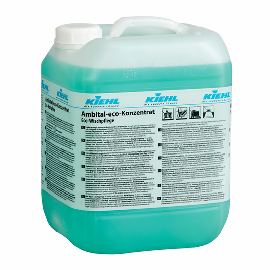Der große Kunststoffbehälter des Kiehl Ambital-eco-Konzentrat Eco-Wischpflege der Johannes Kiehl KG ist mit türkisfarbener Flüssigkeit gefüllt und trägt auf seinem Etikett Angaben zum Produkt und zur Anwendung. Es handelt sich um ein umweltfreundliches Reinigungskonzentrat.