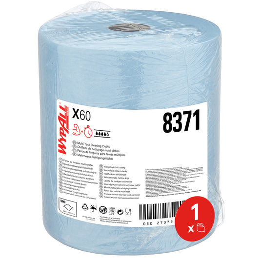 Die WypAll® X60 General Clean Großrolle in Blau von Kimberly-Clark GmbH (1 Rolle x 500 Tücher) ist plastikverpackt, trägt die Nummer 8371, Produktinfos und Icons - ideal für professionelle Reinigung; Etikett mit rotem Kreis "1 x".