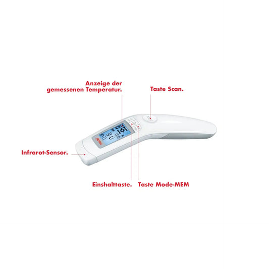 Der Auslaufartikel: Medel Temp kontaktloses Fieberthermometer von Beurer GmbH ist ein weißes Infrarotthermometer mit Display, IR-Sensor und beschrifteten Tasten (Power, Scan, Mode-MEM), ideal für Babys & Kleinkinder.