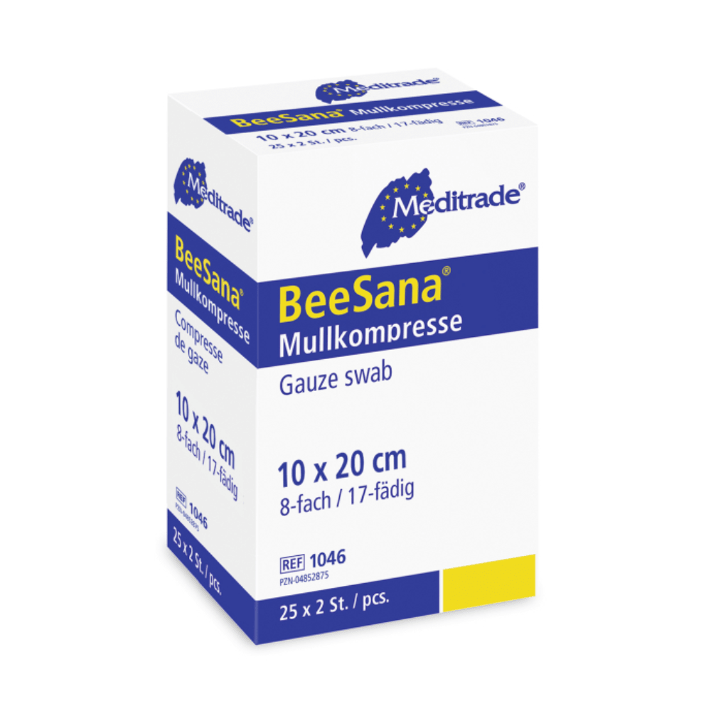 En æske Meditrade BeeSana®-gaze-kompresser, enkeltsteriliseret, 8-lags sterile gazekompresser, størrelse 10 x 20 cm med 8 lag og 17 tråde. Meditrade GmbH.