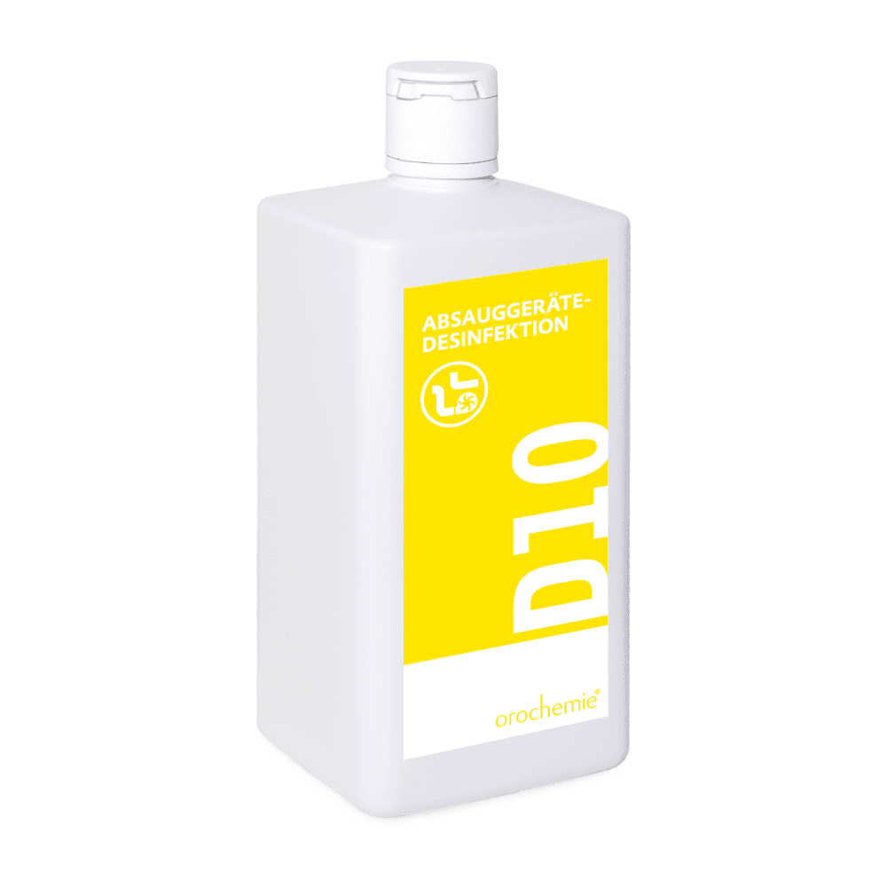 Orochemie D 10 Desinfektionsmiddel til sugeapparater, også til inhalationsapparater (1 l flaske) fra orochemie GmbH + Co KG: Aldehydfrit desinfektionsmiddel i hvid plastflaske med gul »D10«-etiket til suge- og inhalationsapparater.